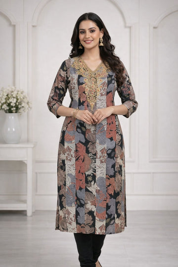 Black Botanical Print Kurta Set for Women