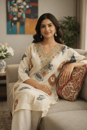 Ethnic Muslin Kurti Set with Straight Pants
