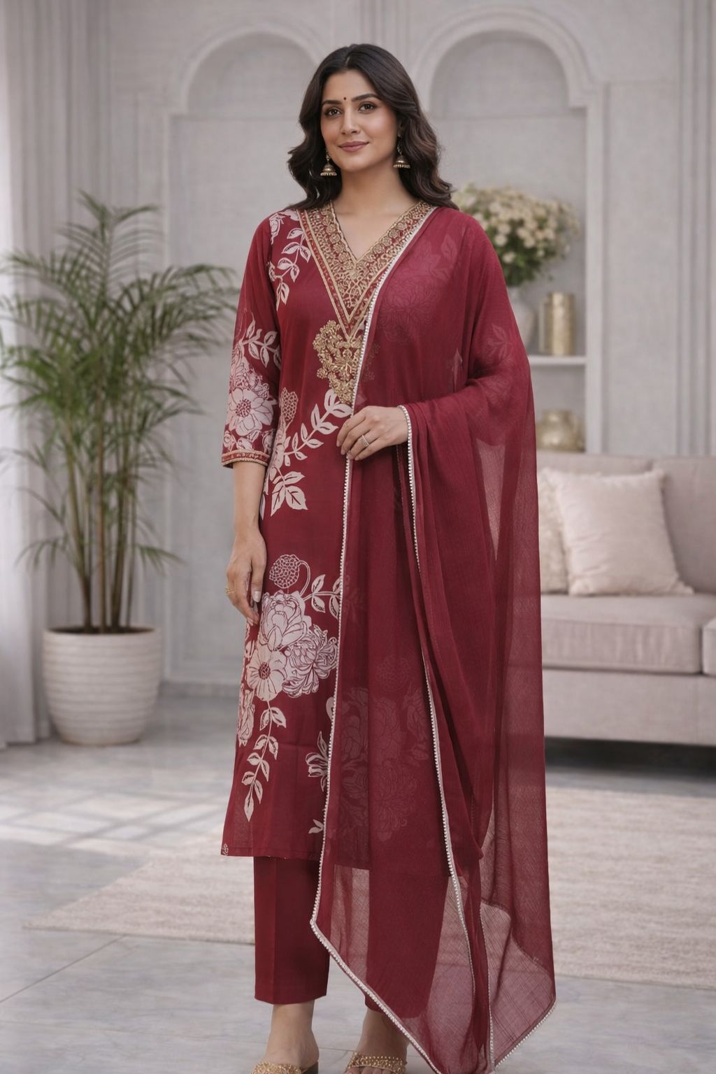 Maroon Traditional Kurta Set with Dupatta