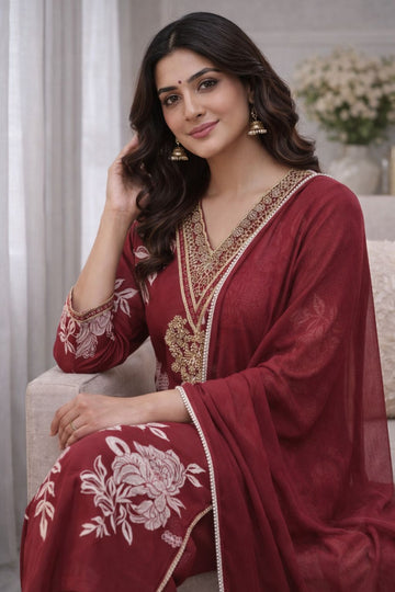 Maroon Traditional Kurta Set with Dupatta