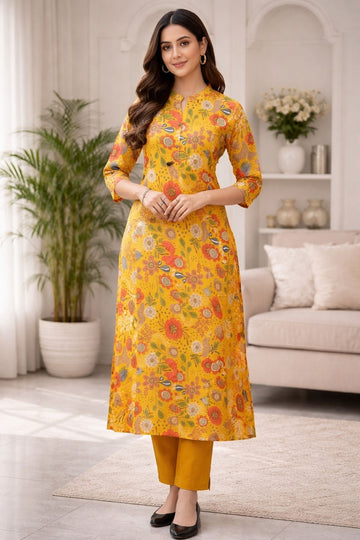 Mustard Floral Kurta Pant Set