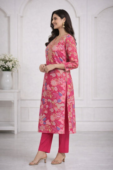 Pink Floral Embroidered Kurta Set for women