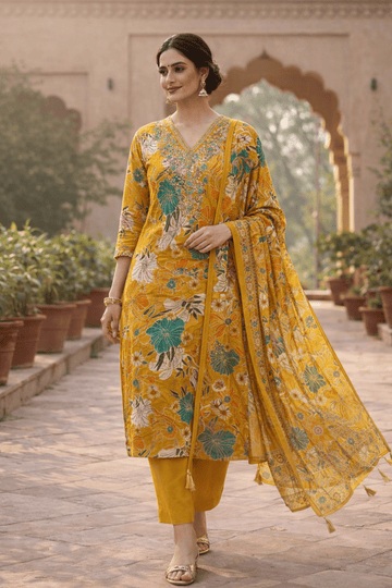 Women Cotton Floral Kurta Pant Set with Printed Dupatta
