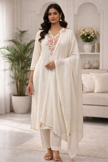 Women’s White Floral Kurta Pant Set with Dupatta